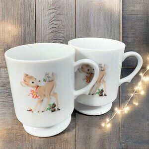 Vintage Bambi Deer Ceramic Coffee Mug Cup Set‎ 2 Mugs Cup With Small Animals Set